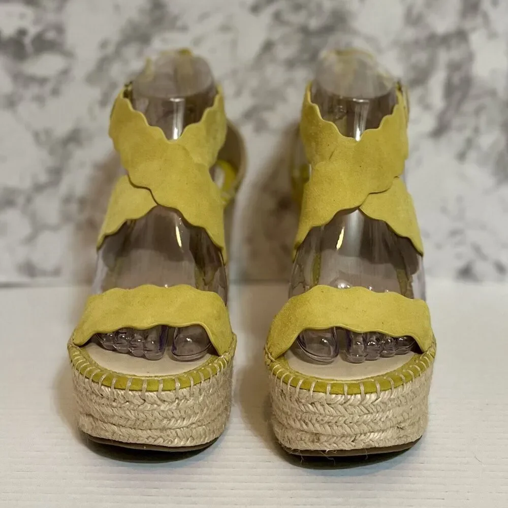 Marc Fisher Espadrille Platform Suede Wedge Sandals Womens 7.5 Yellow Boho Y2K